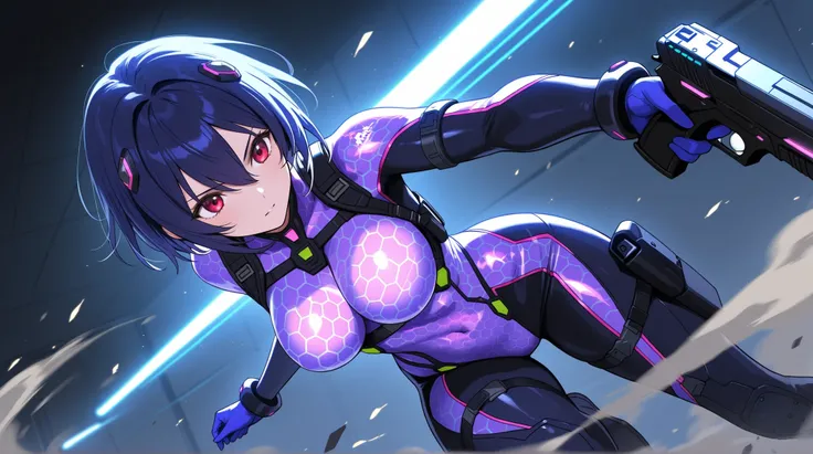 female, NEON HARNESS, HONEYCOMB DESIGN BODYSUIT,  cyber handgun ,    DYNAMIC ACTION,