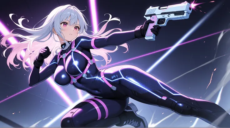 female, NEON HARNESS, HONEYCOMB DESIGN BODYSUIT,  cyber handgun ,    DYNAMIC ACTION,