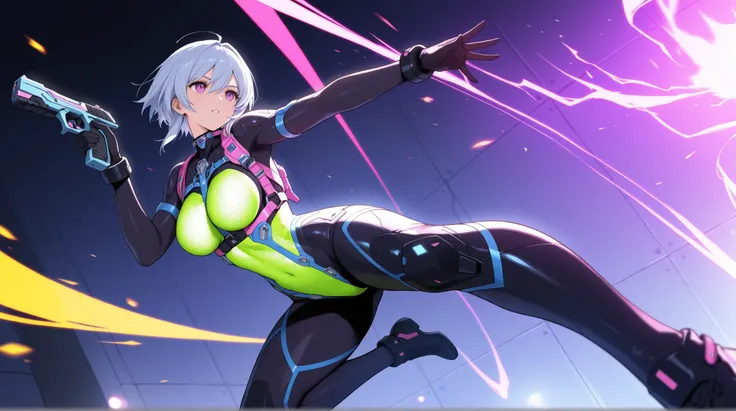 female, NEON HARNESS, HONEYCOMB DESIGN BODYSUIT,  cyber handgun ,    DYNAMIC ACTION,