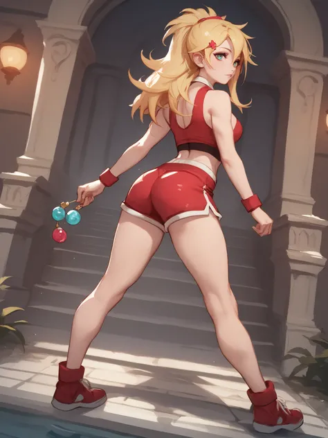 young girl, long blonde hair, Hairpin with a bundle,  turquoise eyes, red tight uniform, Sleeveless, Wide neckline on the chest to the abdomen, Gold Elements, Red outfit, Shorts, Masterpiece, hiquality, 4k, HD, Good details, full body back view, back overv...