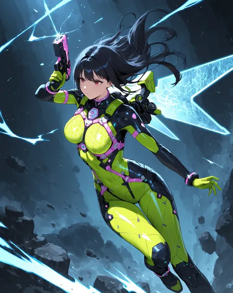 female, NEON HARNESS, HONEYCOMB DESIGN BODYSUIT, cyber handgun , energy shield, DYNAMIC ACTION,