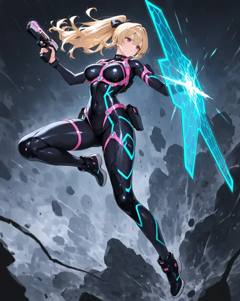 female, NEON HARNESS, HONEYCOMB DESIGN BODYSUIT, cyber handgun , energy shield, DYNAMIC ACTION,