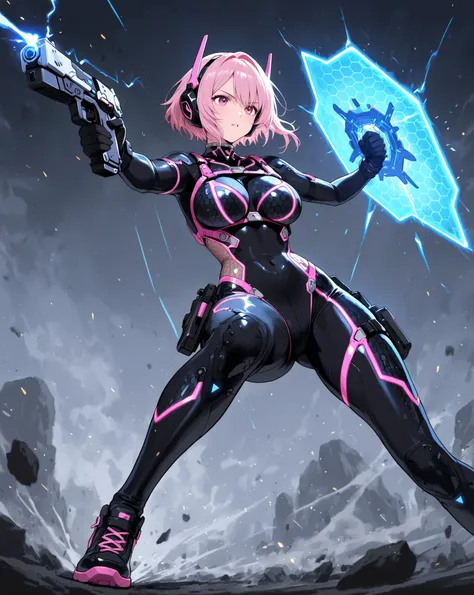 female, NEON HARNESS, HONEYCOMB DESIGN BODYSUIT, cyber handgun , energy shield, DYNAMIC ACTION,