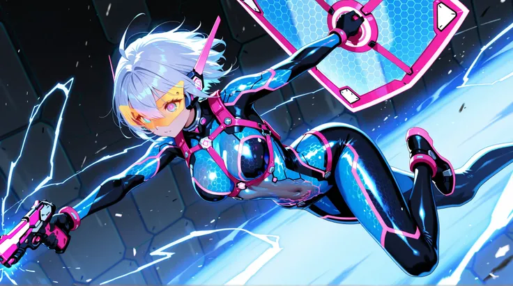 female, NEON HARNESS, HONEYCOMB DESIGN BODYSUIT, cyber handgun , energy see-through shield, DYNAMIC ACTION,