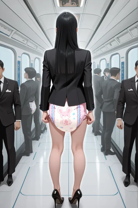 black hair,straight hair.diaper,Young and pretty female Korean flight attendant, Surreal Style , On an airplane 、
Abu Little Kings, 대한항공 표식이 새겨진 diaper, back-print diaper, black suit, black tie, black high heels