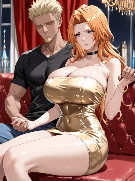(masterpiece,best quality:1.4),16k,detailed skin,detailed face,detailed eyes,beautiful face,ideal ratio body proportions,BREAK,1woman,rangiku matsumoto,long hair,grey eyes,orange hair,parted bangs,(tall,slender,huge breasts,huge ass),BREAK,(ruanyi1025,blac...