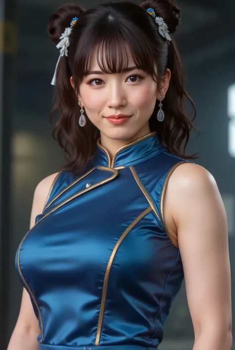 Chun-Li from Street Fight II,perfect chun li costume,Blue cheongsam with gold lines,Bun head,bun cover,fighting pose,masterpiece、1 beautiful girl、fine eyes、puffy eyes、highest quality, 超High resolution, (reality: 1.4), movie lighting、Japanese、asian beauty、K...