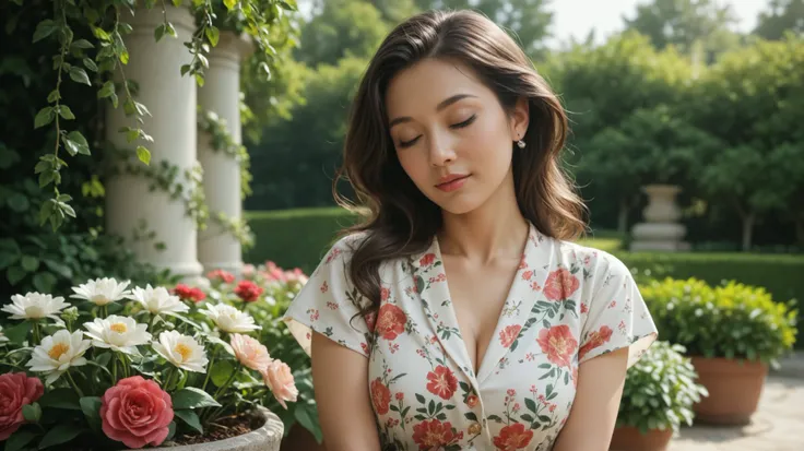 "A photorealistic image of a 30-year-old Japanese woman wearing a soft, elegant Casual Shirts. She is facing the camera directly with a calm and serene expression, hands gently pressed together in front of her chest as if in prayer. Her eyes are closed, ra...
