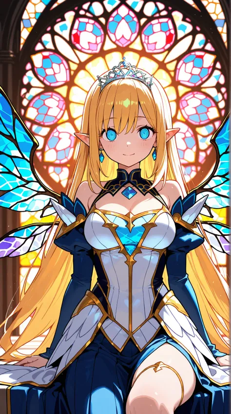 female, pointed ears, Long Eyes, Stained Glass Wings , jewelry tiara,