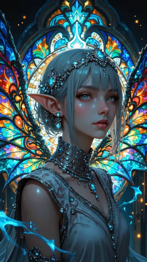 female, pointed ears, Long Eyes, Stained Glass Wings , jewelry tiara,