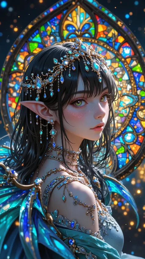 female, pointed ears, Long Eyes, Stained Glass Wings , jewelry tiara,