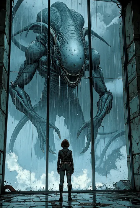 A glass wall. It's raining heavily outside, and there are a lot of drops and trickles of water on the glass. Lieutenant Ellen Ripley stands in front of a glass wall through which a xenomorph (from the Alien franchise) is visible, partially hidden by heavy...