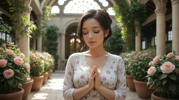 "A 23-year-old Japanese woman prays with her eyes downcast and hands clasped in front of her chest,
 wearing a soft, elegant Casual Shirts. She is facing the camera directly with a calm and serene expression, hands gently pressed together in front of her c...