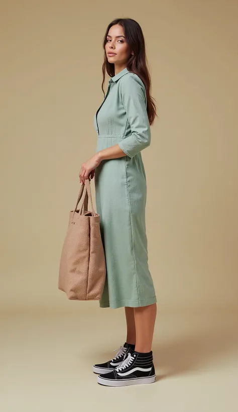 A beautiful Russian woman, standing, wearing a half-tight dress and (((Vans® sneakers))), holding a raw cloth bag by the handle, square bag, Sustainable Materials , flat bag, holding an ecological bag, realistic photo, advertising photo, advertisement ima...