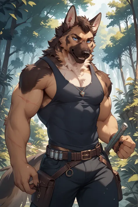 An anthro German Shepherd with black and light brown fur With light blue eyes and with scars on his arm and face wearing a black tank top and black pants and armor on his hands and arms And wearing a black crawler In a forest
