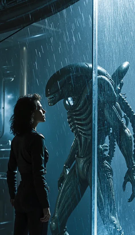 A glass wall. It's raining heavily outside, and there are a lot of drops and trickles of water on the glass. Lieutenant Ellen Ripley stands in front of a glass wall through which a xenomorph (from the Alien franchise) is visible, partially hidden by heavy ...