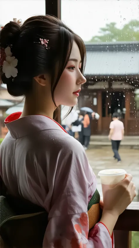(Raindrops whisper through the window, Fantastic silhouette of the outside world seen through cloudy drops of water:2.0), best quality , HD Images, 16k, , very detailed, , delicate and dynamic, cute sexy girl, seductive, , back view of a beautiful busty Ja...
