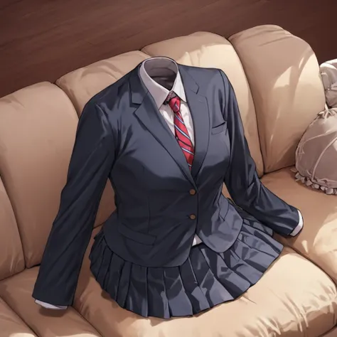 (invisible:1.5, no humans:1.5, headless:1.5, faceless:1.5), (jacket over school uniform, on sofa:1.2), (big breast), detailed cloth texture, detailed anime, super fine illustration