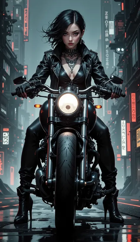 high quality,4K,Extreme Detail,realistic,major,Vivid Color, blurred background , girl,Single,Black Vest,black leather jacket with skull pattern,jeans, black leather boots ,Neck tattoo ,Tattoo,riding on heavy motorcycle, Cyberpunk style ,Dark city backgroun...