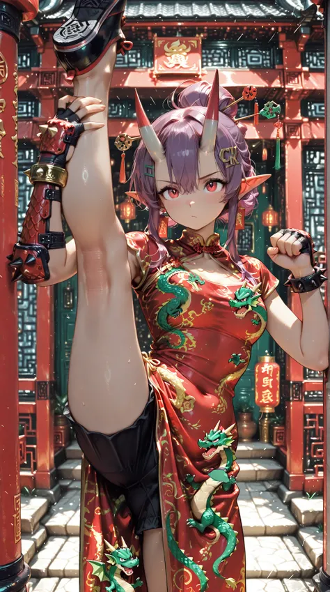 female, China Dress, Dragon Crest, hairpin, Hand guard, Horn Shoulder Armor, spike bangle, Confidence々, Upper kick