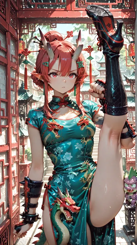 female, China Dress, Dragon Crest, hairpin, Hand guard, Horn Shoulder Armor, spike bangle, Confidence々, Upper kick