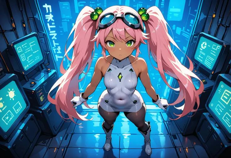 1girl, full body, Lovrina-inspired character, tan skin, vivid pink hair, very long pigtails, green eyes, looking at viewer, wearing a futuristic short dress (grey stomach, sleeveless), black pantyhose, grey thigh-high boots, white gloves, goggles on head, ...