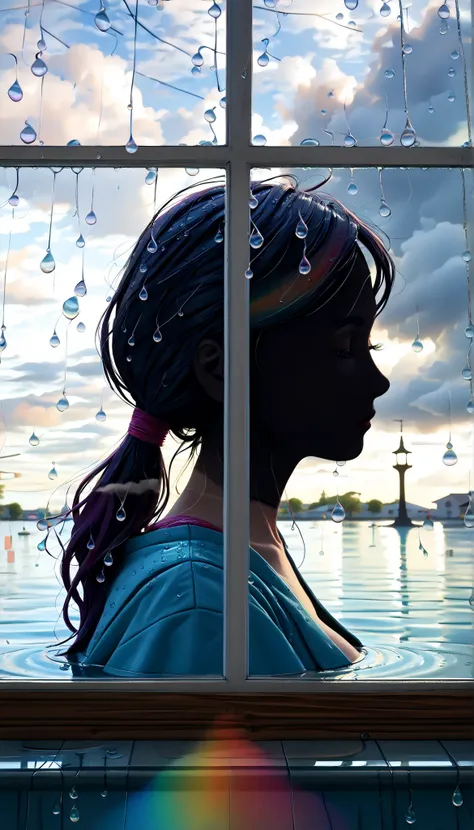 , score_9, score_8_up, score_7_up, 20 years old, 8k, high definiTion , beauTiful girl, (close up of Raindrops whisper through the window, Fantastic silhouette of the outside world seen through cloudy drops of water:2.0), best quality , HD Images, 16k, ,...