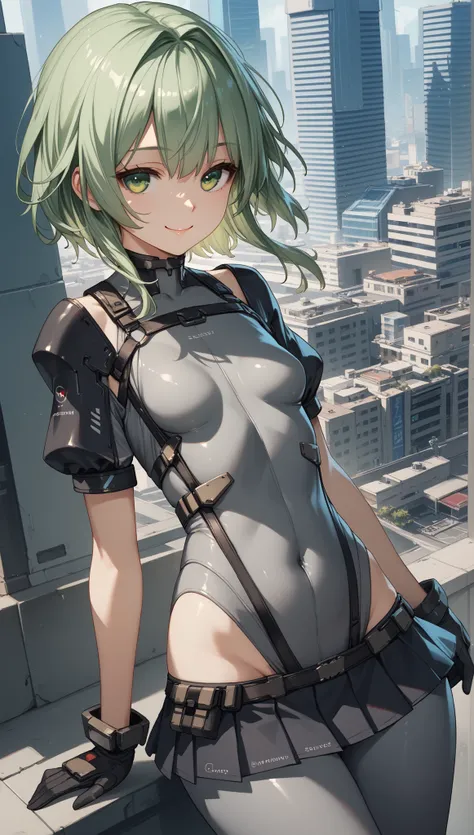  ung_girl, solo, long_shaggy_hair, green_hair, long_bangs,bare_shoulders,short sleeves, (thin_gray_bodysuit), black_harness, green eyes, very_short_front_cutout_skirt, dettached_long_sleeves,gloves, light_smile, in futuristic city, , high quality,crotch, s...