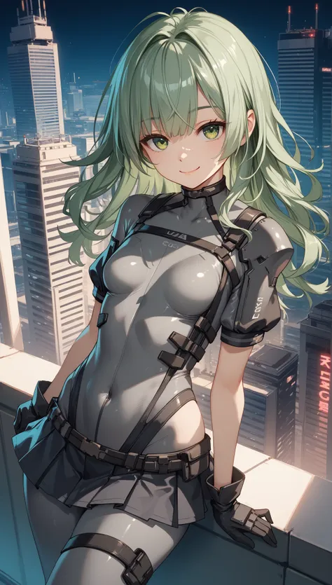  ung_girl, solo, long_shaggy_hair, green_hair, long_bangs,bare_shoulders,short sleeves, (thin_gray_bodysuit), black_harness, green eyes, very_short_front_cutout_skirt, dettached_long_sleeves,gloves, light_smile, in futuristic city, , high quality,crotch, s...