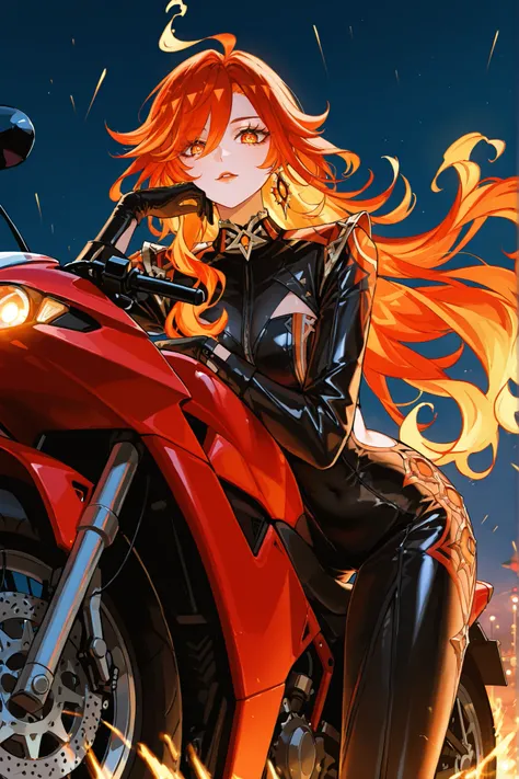 Mavuika Genshin impact, fiery hair, long hair, very big eyes, with her eyes , surprisingly wide patterns, orange eyes , Glass retina,  clothes Mavuika racing suit from Genshin impact ,  big plump lips,  rosy cheeks, turns red , shine, Better quality, Glass...