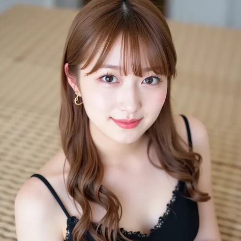 8k, masterpiece, best quality, beautiful Korean women, close-up, high-angle viewpoint,  long brown wavy hair with bangs, Fair skin, light brown eyes, smiles, wearing a dark lace camisole, Sitting on a textured beige surface, camera in the tongue train, sof...