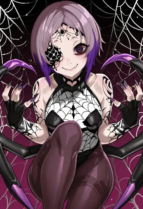 (Girl fused with a spider). Succubus-style. Leg of an insect. spider motif. spider web pattern. Black and purple hair. Two-tone hair. Shoulder. Short hair. High legs. Body tights. Sharp claws. Spider eyes on the forehead. Spider web tattoo around the eye....