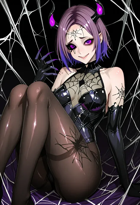 (Girl fused with a spider). Succubus-style. Leg of an insect. spider motif. spider web pattern. Black and purple hair. Two-tone hair. Shoulder. Short hair. High legs. Body tights. Sharp claws. Spider eyes on the forehead. Spider web tattoo around the eye....