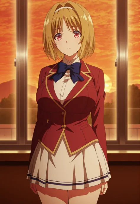 masterpiece, best quality, amazing quality,,  kikyou kushida, short hair, blonde hair, red eyes, hairband, hair intakes, mature female, breasts, anime screencap, shirt, long sleeves, bow, school uniform, jacket, white shirt, bowtie, blue bow, blazer, red b...