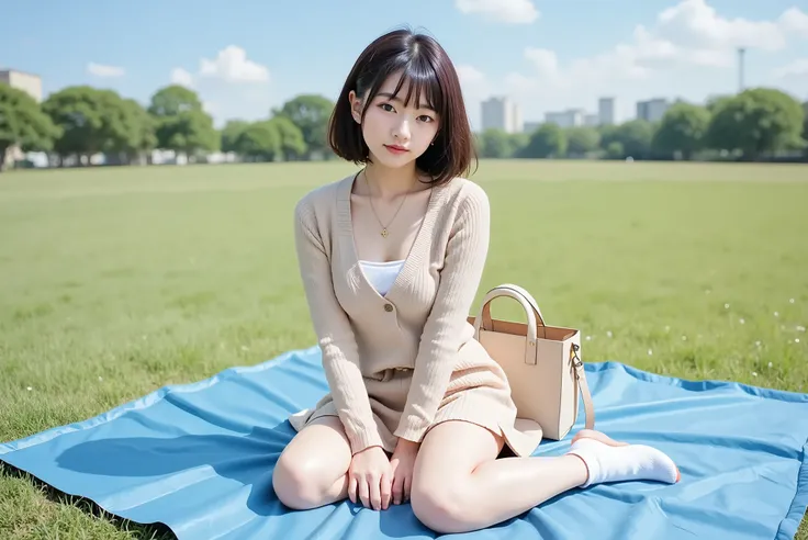 Large grassy park:(1.3), sky blue large picnic sheet:(1.35), Draw the whole body:(1.3), Japanese woman:(1.4), sitting on picnic sheet:(1.2), seiza:(1.45), seiza:(1.45), beige miniskirt:(1.45), Beige thin sweater:(1.3), full body shot:(1.45), Draw to the to...