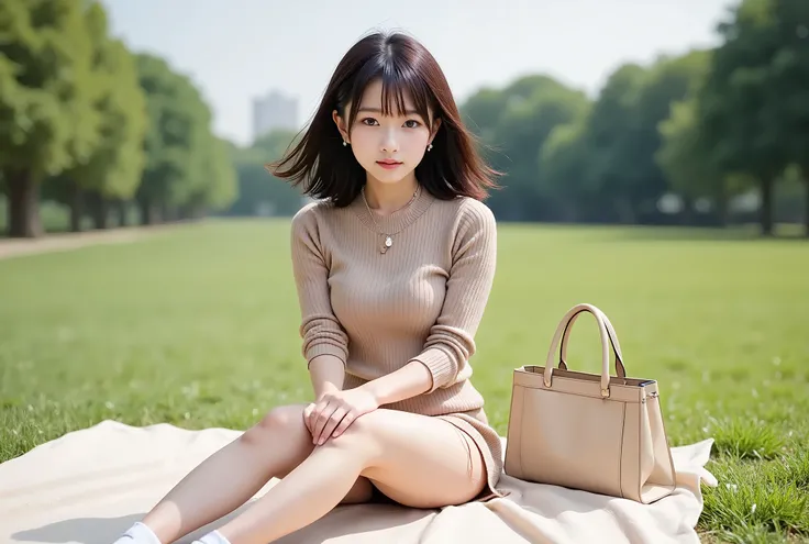Large grassy park:(1.3), sky blue large picnic sheet:(1.35), Draw the whole body:(1.3), Japanese woman:(1.4), sitting on picnic sheet:(1.2), seiza:(1.45), seiza:(1.45), beige miniskirt:(1.45), Beige thin sweater:(1.3), full body shot:(1.45), Draw to the to...