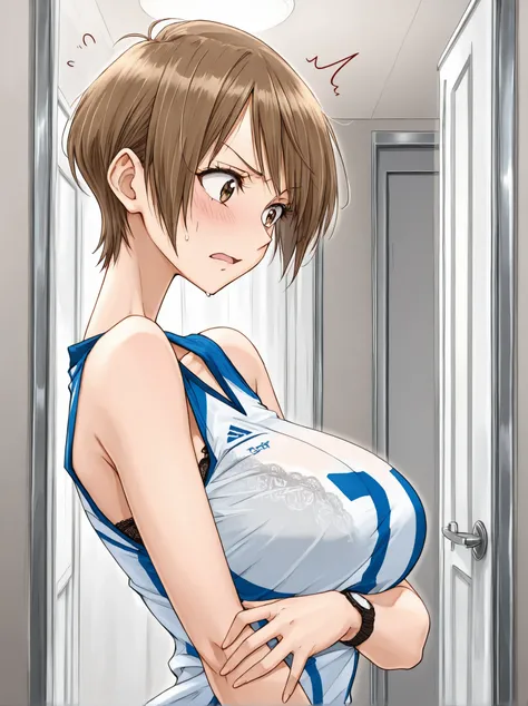 masterpiece, 最High Quality,High Quality,  highest score , unmodified,just like a doujinshi style Shotai illustration、, short hair, Amorous face, , , 1 girl on break day, , brown hair, Big Breasts, sleeveless volleyball uniform、brown eyes in the bedroom, su...