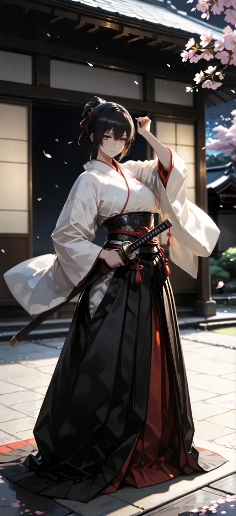1 girl, Asaemon Yamada\(Hell's Paradise\), calm、but intense gaze, standing in a traditional Japanese garden, sword placed on the waist, with cherry blossom petals dancing in the air, traditional samurai clothes, soft evening light above {x}, quiet atmo...
