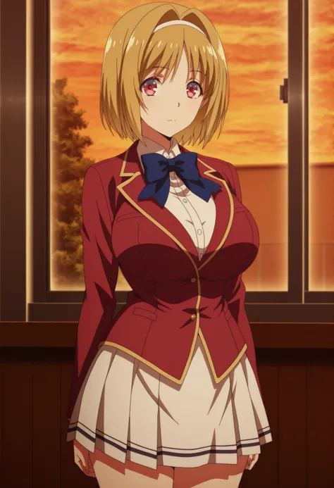 masterpiece, best quality, amazing quality,, kikyou kushida, short hair, blonde hair, red eyes, hairband, hair intakes, mature female, breasts, anime screencap, shirt, long sleeves, bow, school uniform, jacket, white shirt, bowtie, blue bow, blazer, red b...
