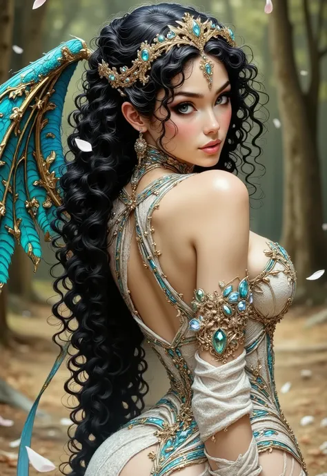 A young, curvy girl, probably in her late twenties, with white skin and striking light blue eyes, gracefully turns and sexually arches her pussy. Her black curly long hair falls down her back. She wears an intricate, layered sexy outfit that looks like a...