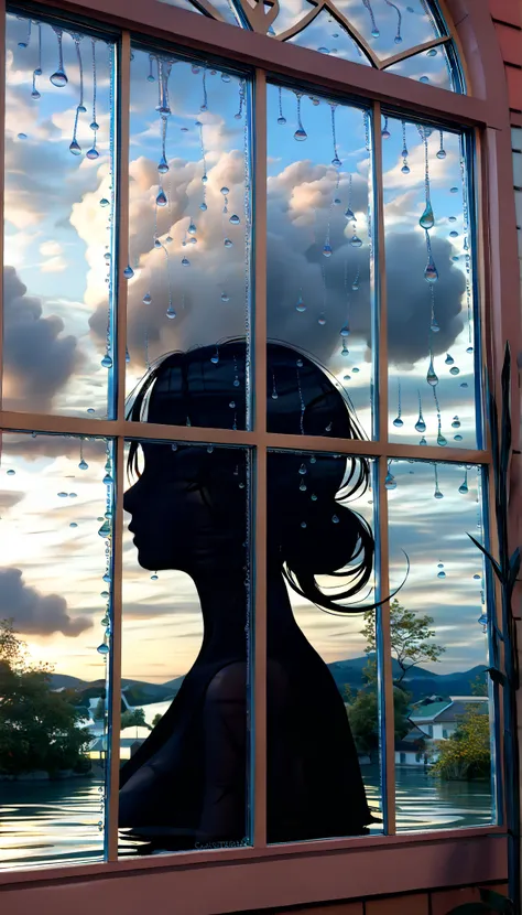 , score_9, score_8_up, score_7_up, 20 years old, 8k, high definiTion , beauTiful girl, (close up of Raindrops whisper through the window, Fantastic silhouette of the outside world seen through cloudy drops of water:2.0), best quality , HD Images, 16k, ,...