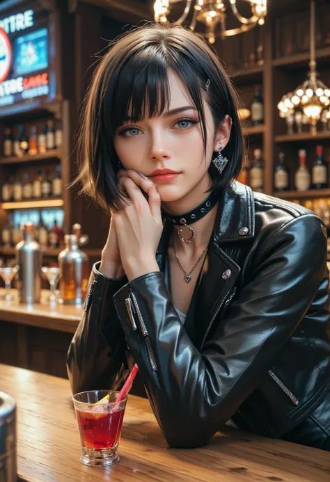 ((best quality)), ((masterpiece)), (detailed), perfect face, ((Best quality, 8k, Masterpiece: 1.3)), Sharp focus A beautiful woman with perfect body, Slim abdomen, Punk rocker, navy leather jacket, choker, standing bar, round table for one person, cocktail...