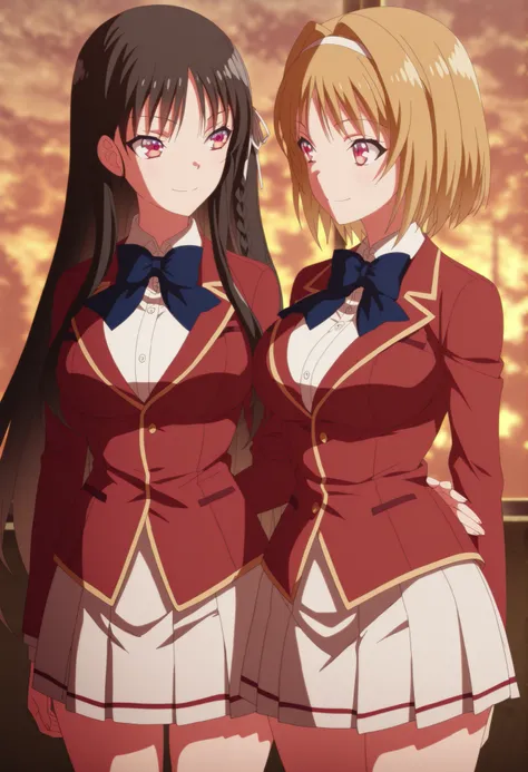 2girls, Yuri, hugging,masterpiece, best quality, amazing quality,, suzune horikita, horikita suzune, long hair, black hair, red eyes, hair ribbon, braid, mature female, medium breasts, anime screencap, bow, school uniform, jacket, bowtie, blue bowtie, blaz...