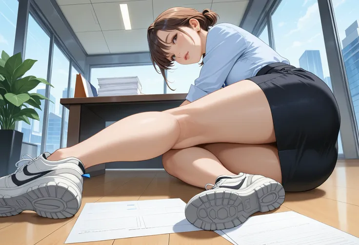 a receptionist woman, rugged sneakers, pencil-skirt, tiny earrings, bringing some documents, window has city view, plant, floor, ceiling, realistic skin,