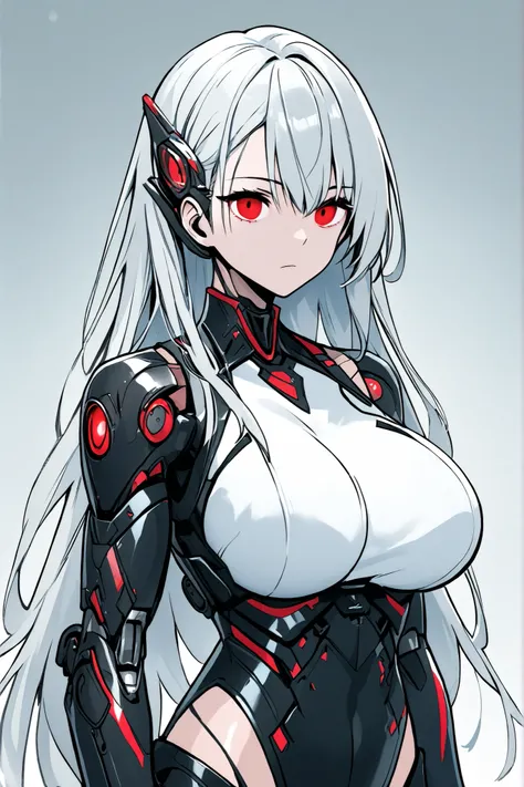  empty red eyes、long silver hair、Techwear、(cyborg、expressionless) 、((extremely large breasts))、anime style、high image quality、High Quality