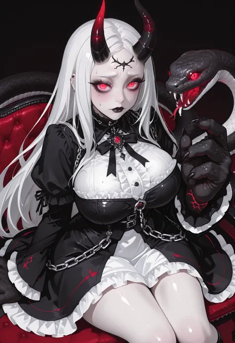 A girl in a gothic dress. White hair. Long hair. One-sided horn on forehead. Worried eyes. Glowing red eyes. Black lips. Black costume. White frills. Big hands. Sharp claws. Big breasts. Sitting. chain. Snake nearby. A big snake.