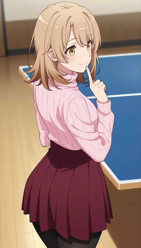 anime screencap, masterpiece, best quality,

1girl, solo, closed mouth, smile, blush, t, open eyes , shinny eyes 
medium hair, multicolored hair, light brown hair, brown hair, yellow eyes, hair between eyes, wide hips , closed legs , full body 
turtleneck ...