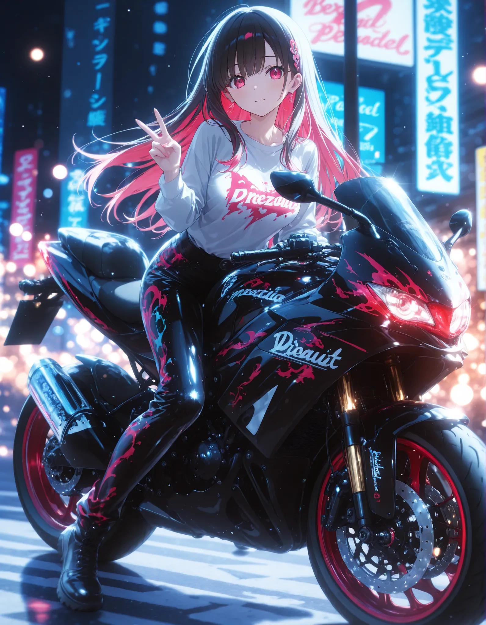 繊細なBeautiful Girlアート, Digital Art, Beautiful Girlライダー, Riding an American Motorcycle, V sign, Beautiful Girl,delicate expression,Soft Eyes,Character Standing Position,Crossing an American Motorcycle,Detailed Textures of Bikes,Rider Movement,Digital Art調,br...