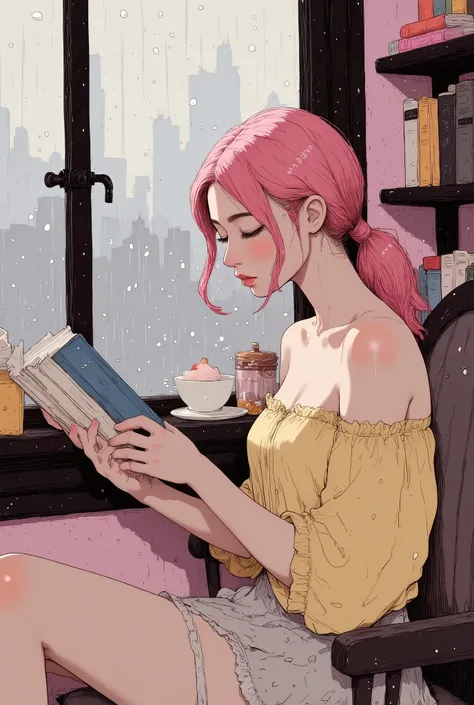 She is sitting by the window of a coffee shop reading a book. Outside the window it is raining and there are many drops of water on the window pattern. There is coffee and cake in front of her. 1 girl, detailed person, high resolution, 32K, realistic depic...