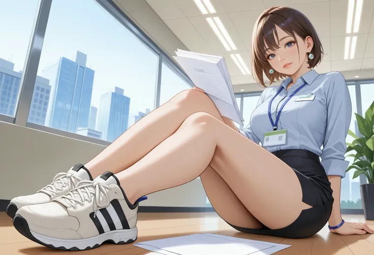 a receptionist woman on the floor, rugged sneakers, pencil-skirt, tiny earrings, bringing some documents, window has city view, plant, floor, ceiling, realistic skin,